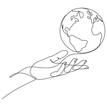 Continuous line drawing of human hand holding world planet earth Stock Illustration
