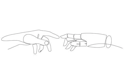 Continuous line drawing of human hand touch robot hand. Artificial intelligence Stock Illustration