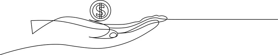 Continuous line drawing of a human hand holding a dollar coin representing .. Stock Illustration