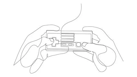 Continuous line drawing of human hands holding vintage game console remote Stock Illustration