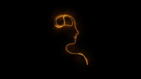 Continuous line drawing of human head with brain in glowing neon orange lig.. Stock Footage 338008301