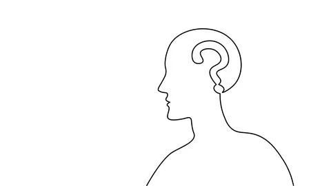 Continuous line drawing human head. Question mark inside brain represents idea Stock Illustration
