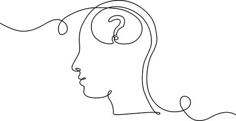 Continuous line drawing of a human head silhouette with a question mark ins.. Stock Illustration