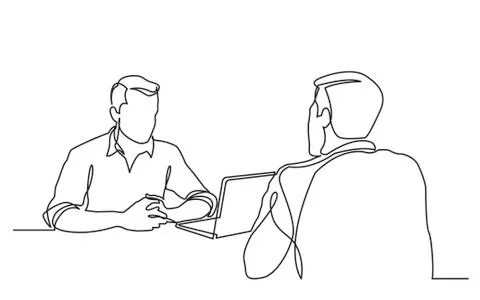 Continuous line drawing of job interview between two men Illustrazione stock