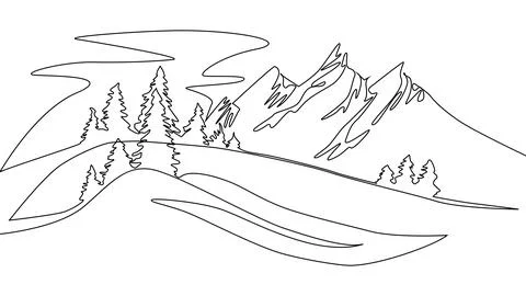 Continuous line drawing landscape, mountains and Christmas trees, winter 스톡 일러스트