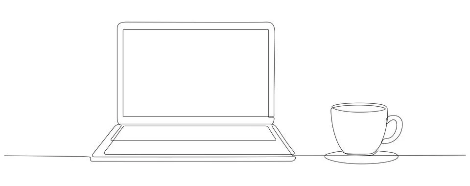 Continuous line drawing of laptop and coffee cup. Stock Illustration