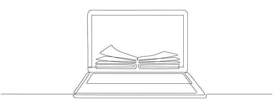 Continuous line drawing of laptop with book. Illustrazione stock