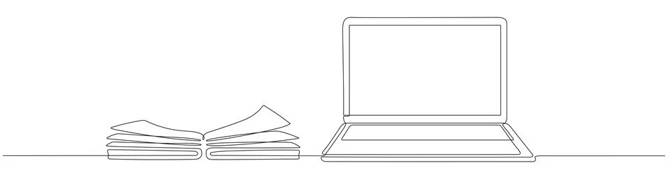 Continuous line drawing of laptop with book. Stock Illustration