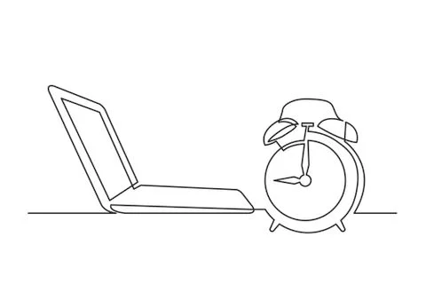Continuous line drawing of laptop computer and alarm clock Stock Illustration