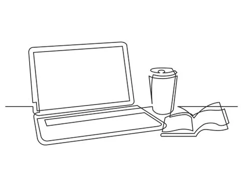Continuous line drawing of laptop computer and cup of coffee Stock Illustration