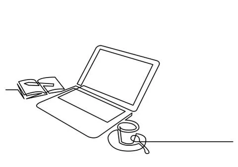 Continuous line drawing of laptop computer coffee イラスト素材