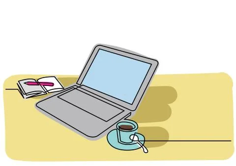 Continuous line drawing of laptop computer coffee イラスト素材
