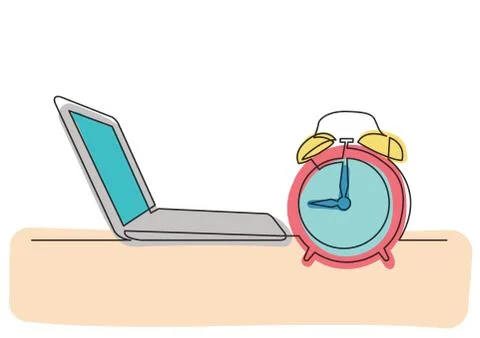 Continuous line drawing of laptop computer and alarm clock Stock Illustration