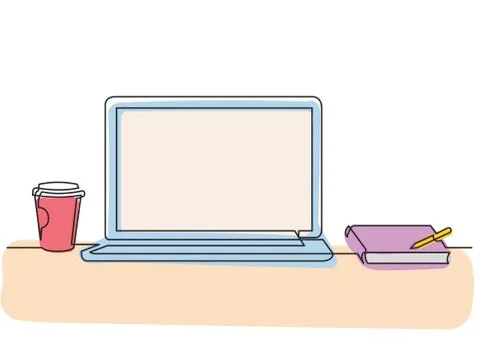 Continuous line drawing of laptop computer coffee cup and notepad Illustrazione stock