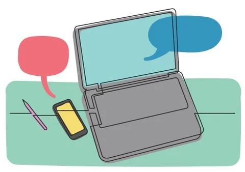 Continuous line drawing of laptop computer phone and pencil Stock Illustration