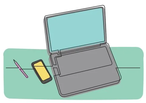 Continuous line drawing of laptop computer phone and pencil Stock Illustration