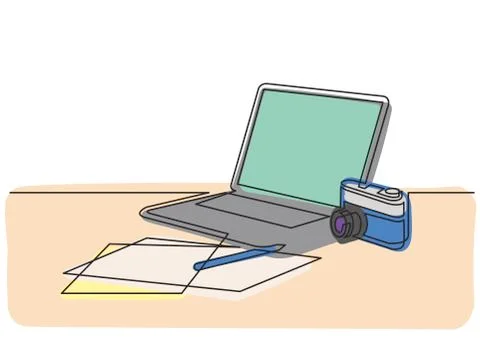 Continuous line drawing of laptop computer notepad and photo camera Stock Illustration
