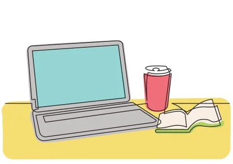 Continuous line drawing of laptop computer and cup of coffee Stock Illustration