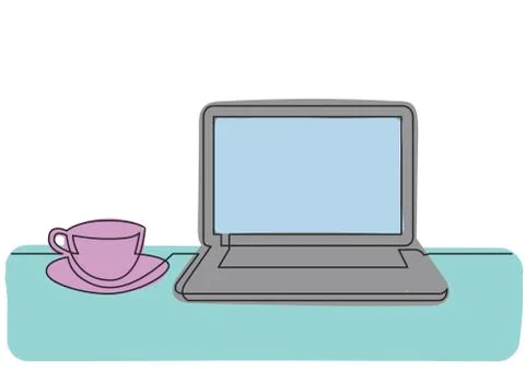 Continuous line drawing of laptop computer cup of tea Stock Illustration
