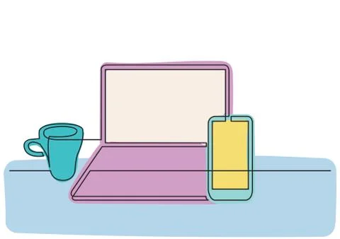 Continuous line drawing of laptop computer mobile phone Illustrazione stock