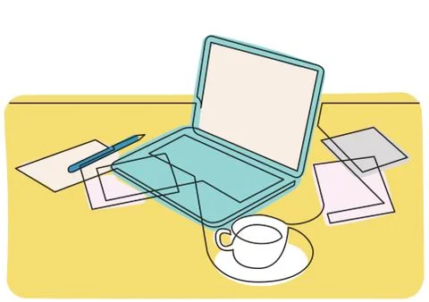 Continuous line drawing of laptop computer papers and cup of tea Illustrazione stock