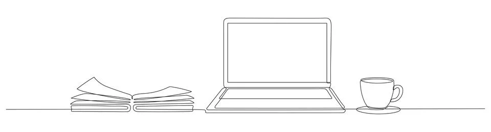 Continuous line drawing of laptop open book and coffee cup. Stock Illustration