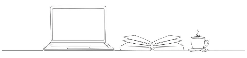 Continuous line drawing of laptop open book and coffee cup. Stock Illustration