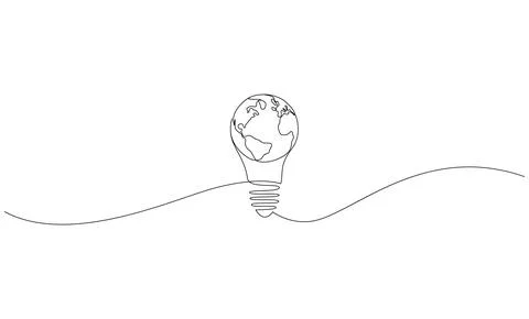Continuous line drawing of light bulb with Earth globe inside. Stock Illustration