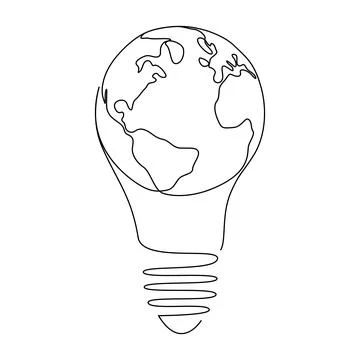 Continuous line drawing of light bulb with Earth globe inside. One line World Stock Illustration