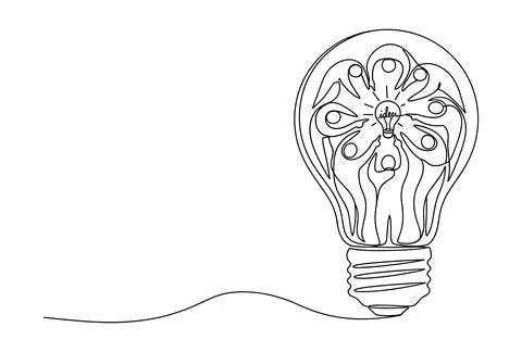 Continuous line drawing of light bulb with people inside for team idea concep 스톡 일러스트