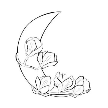 Continuous line drawing. line art magnolia on moon Vector Minimalistic mid-.. Stock Illustration