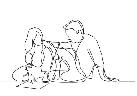Continuous line drawing of man and woman sitting on the floor discussing plan 스톡 일러스트