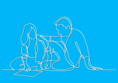 Continuous line drawing of man and woman sitting on the floor discussing plan 스톡 일러스트