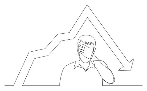 Continuous line drawing of man hiding his face in despair because of decreasi Stock Illustration