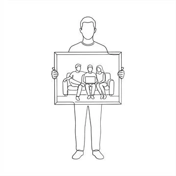 Continuous Line Drawing of a Man Holding a Framed Image of Friends on Sofa 스톡 일러스트