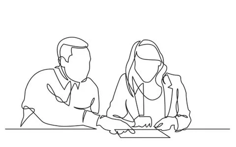 Continuous line drawing of man instructing woman on work place Stock Illustration