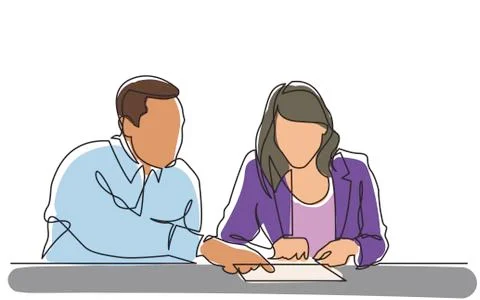 Continuous line drawing of man instructing woman on work place Stock Illustration