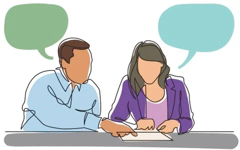 Continuous line drawing of man instructing woman on work place Stock Illustration