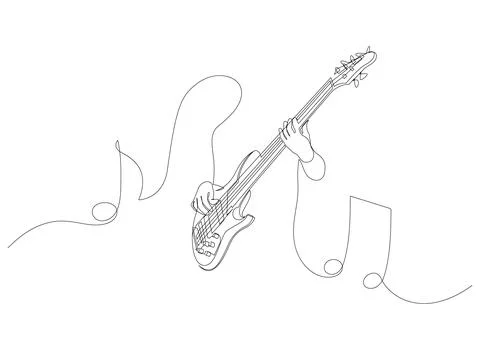 Continuous line drawing of man playing guitar with music notes isolated on white Stock Illustration