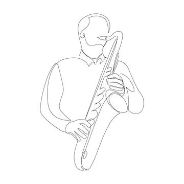 Continuous line drawing of a man playing saxophone jazz music instrument. Stock Illustration