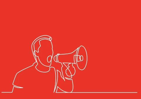 Continuous line drawing of man screaming on megaphone Illustrazione stock