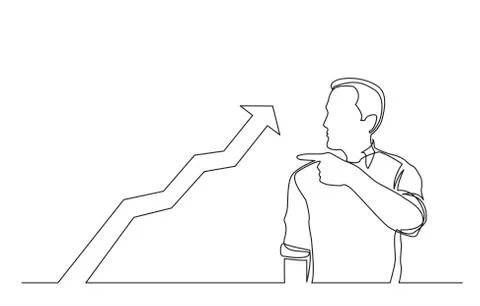 Continuous line drawing of man showing with his finger at increasing graph Stock Illustration