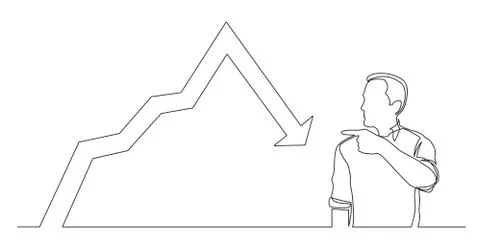 Continuous line drawing of man showing with his finger at decreasing graph 库存插图