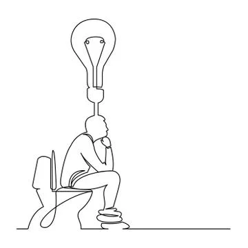 Continuous line drawing of man sitting on toilet seat thinking about new idea 스톡 일러스트