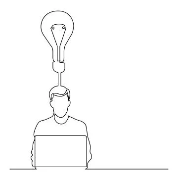 Continuous line drawing of man sitting with laptop computer creating a new id イラスト素材