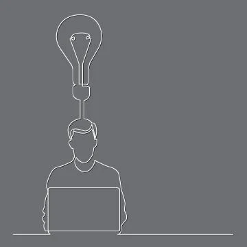 Continuous line drawing of man sitting with laptop computer creating a new id Illustrazione stock