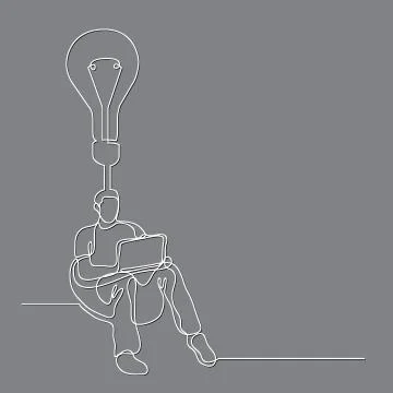 Continuous line drawing of man sitting with laptop computer creating a new id Illustrazione stock