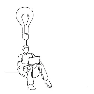 Continuous line drawing of man sitting with laptop computer creating a new id Stock Illustration