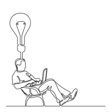 Continuous line drawing of man sitting working on laptop computer on idea Stock Illustration