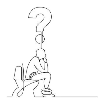 Continuous line drawing of man sitting on toilet seat thinking about a questi Stockillustratie